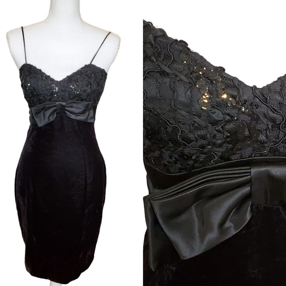Vintage 80s 90s Black Velvet Sequins Babydoll Dress‎ LBD Formal Cocktail Size 2
